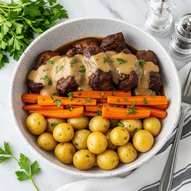 Classic Pot Roast with Vegetables and Herb-Infused Broth Recipe