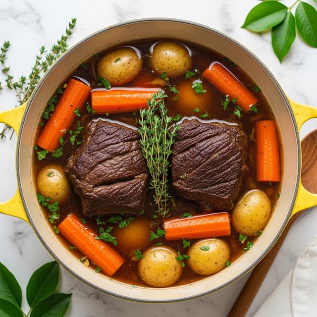 A yellow pot filled with a rich brown stew, featuring two large dark brown pieces of cooked beef at the center, surrounded by bright orange carrot chunks and light brown whole baby potatoes. The stew broth is dark and clear with fresh green herbs floating on top, including a sprig of thyme placed in the center. The pot is placed on a white marbled surface, visible partially with some green leaves and a wooden spoon at the edges. Photo taken with an iphone --ar 4:5 --v 7