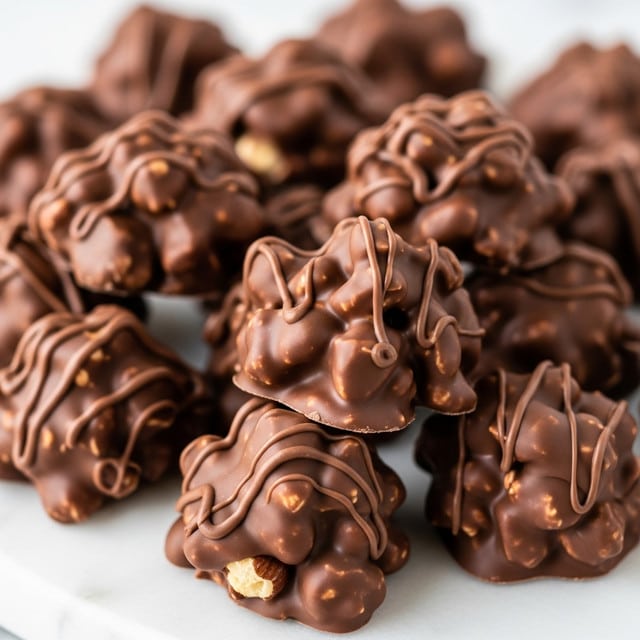 A close-up image of many small chocolate clusters piled together on a white marbled surface. Each cluster is rough in shape with a thick layer of smooth milk chocolate wrapping around visible bits of nuts or similar ingredients, giving them a chunky, uneven texture. The chocolate coating shows some shiny and matte areas, highlighting the rich softness and firmness of the clusters. The colors are mainly the deep brown of the milk chocolate mixed with small spots of lighter tan from the nuts underneath. photo taken with an iphone --ar 4:5 --v 7
