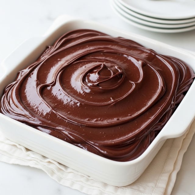 A white square dish filled with thick, glossy dark chocolate batter that has been swirled smoothly on top, showing shiny textures and rich, creamy folds. The dish is placed on a soft white cloth on a white marbled surface, with a stack of white plates in the background. The chocolate layer is even and dense, covering the whole dish with its dark brown, almost black color and glossy finish. photo taken with an iphone --ar 4:5 --v 7