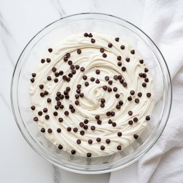 A clear glass bowl filled with creamy white mixture that has many small dark chocolate chips spread evenly throughout. The creamy texture looks smooth and thick, with gentle swirls showing the soft movement of the mixture. The bowl is placed on a white marbled surface with a white cloth napkin partially visible on the right side. Photo taken with an iphone --ar 4:5 --v 7