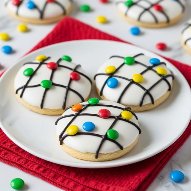 Three round cookies sit on a white plate, each covered with smooth white icing as the base layer. On top, a layer of thin black icing forms a zigzag pattern crossing horizontally and diagonally across each cookie. Attached along the black lines are small, colorful candy decorations shaped like Christmas lights in green, red, yellow, blue, and orange. The plate rests on a red textured cloth, and scattered colorful candy pieces are visible on a white marbled surface around the plate. Additional decorated cookies can be seen blurred in the background. Photo taken with an iphone --ar 4:5 --v 7