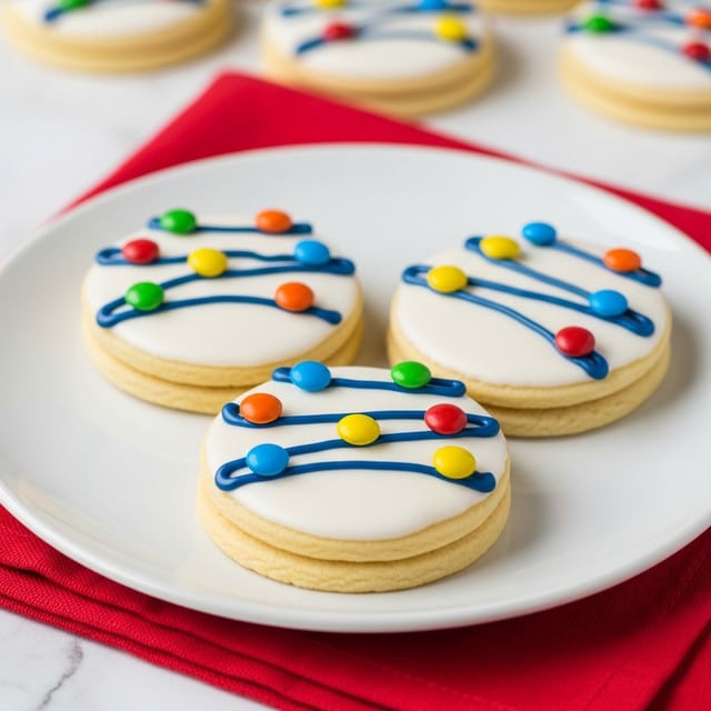 The image shows three round sugar cookies on a white plate, each cookie having two layers: a soft yellow cookie base and a smooth layer of white icing on top. On the white icing, there are three strands of dark blue icing arranged diagonally to look like strings of Christmas lights, with small, oval-shaped colorful candy pieces attached, in red, orange, yellow, green, blue, and brown colors. The plate sits on a red cloth with more similar cookies blurred in the background, all set on a white marbled surface. photo taken with an iphone --ar 4:5 --v 7