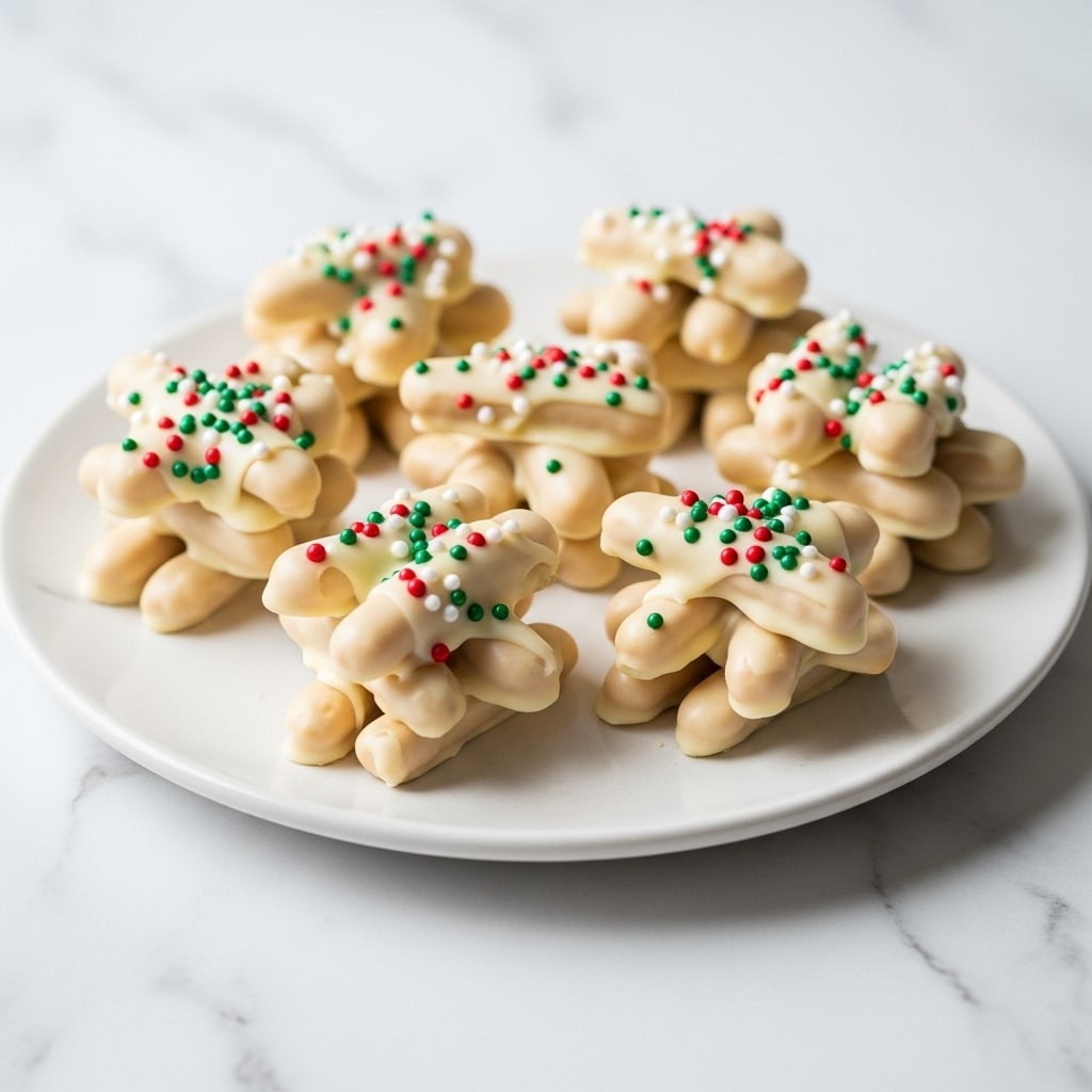 A white marble plate holds several small clusters of light beige, stick-shaped treats layered in an uneven, tangled pile with a smooth, glossy white coating. Each cluster is topped with tiny round sprinkles in red, green, and white, scattered on top and nestled slightly between the sticks. The plate is set against a white marbled textured background, giving the scene a clean, fresh look with soft, natural lighting emphasizing the shiny coating and the colorful sprinkles. Photo taken with an iphone --ar 4:5 --v 7