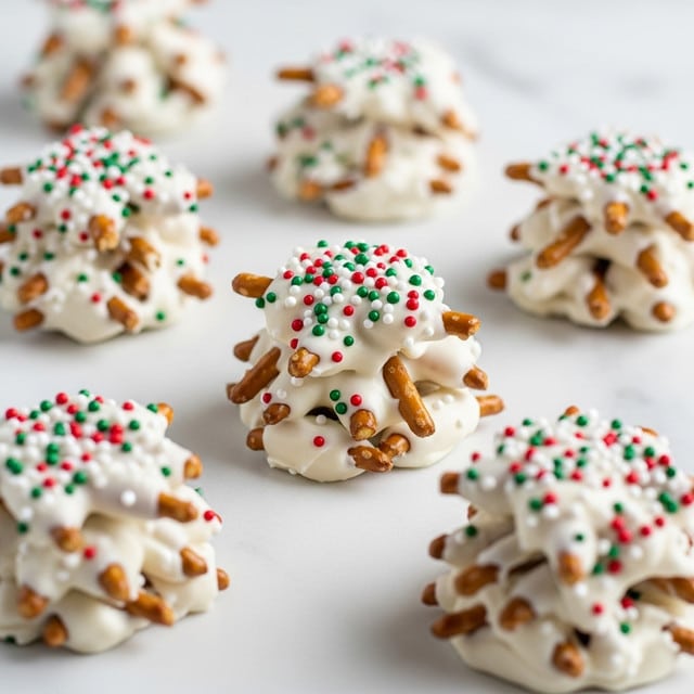 The image shows several small round clusters made of light beige pretzel sticks coated in a thick layer of white cream or icing, stacked loosely to create a textured, uneven surface. Each cluster is topped with tiny red, green, and white round sprinkles that add color contrast on the white coating. The clusters are placed on a flat white marbled surface with a soft, smooth texture, spread out evenly with shallow depth focus, highlighting one cluster in the center as the main focus. Photo taken with an iphone --ar 4:5 --v 7