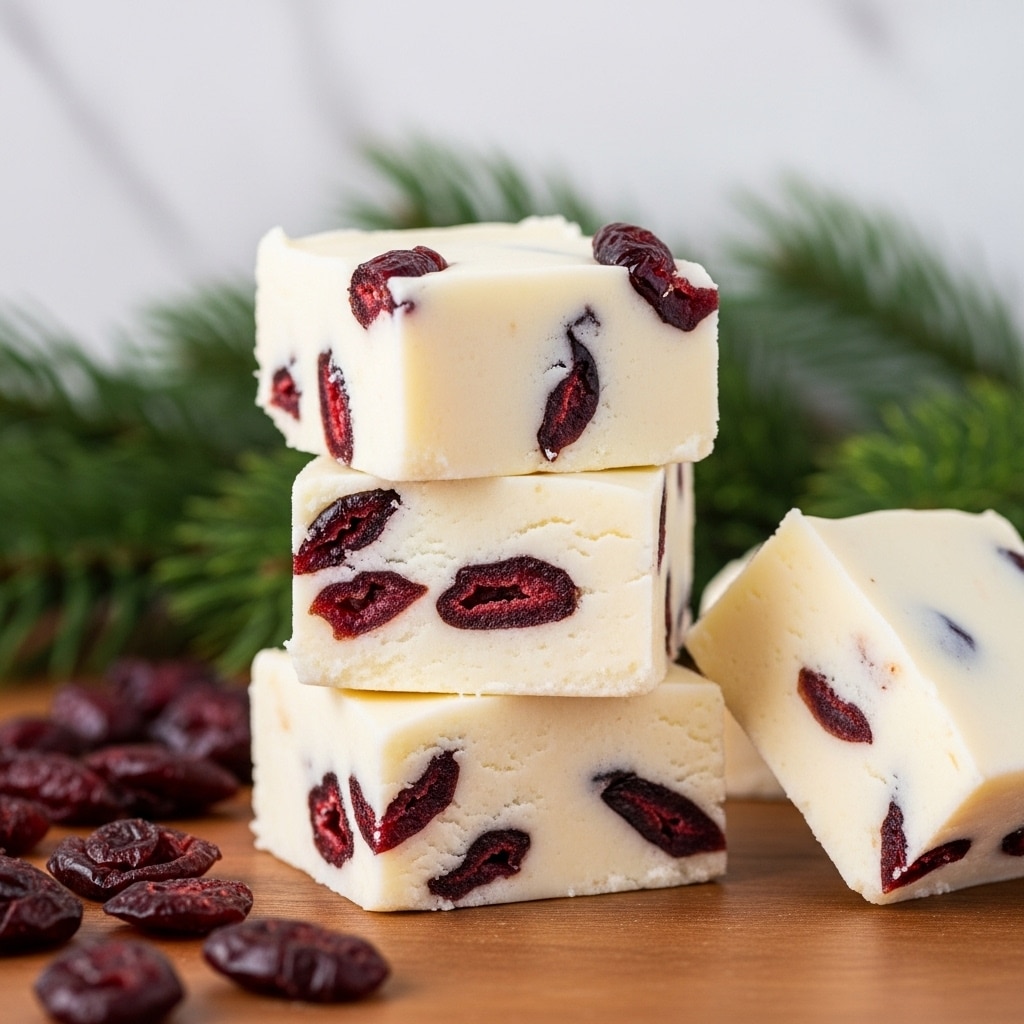 There is a stack of three white fudge squares with dark red dried cranberry pieces scattered throughout each square, showing smooth yet slightly crumbly texture. The top square sits slightly off-center on the square below it, with one more white fudge piece on the right side, partially visible. Some dried cranberries are lying around the stack on a wooden surface, and behind it, there is a blurred green pine branch set against a white marbled texture. The image focuses on the fudge squares with bright, natural light. Photo taken with an iphone --ar 4:5 --v 7