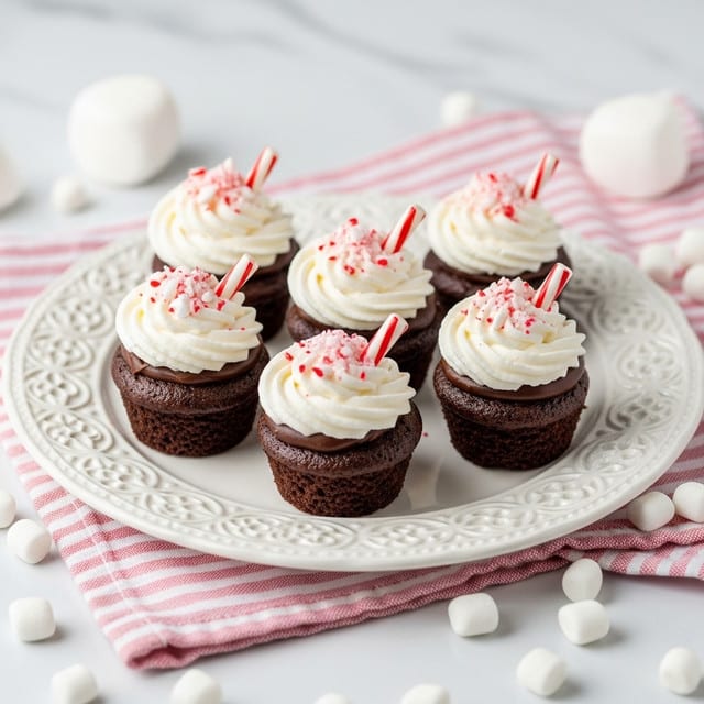 Five small chocolate cupcake bites are arranged on a white plate with intricate edges, each topped with a swirl of white whipped cream, small pieces of crushed candy canes, and a tiny peppermint stick. The cupcakes have a rich, dark brown base with a smooth chocolate layer right below the whipped cream. The plate sits on a soft pink and white striped cloth with marshmallows scattered nearby, all placed on a white marbled surface. photo taken with an iphone --ar 4:5 --v 7