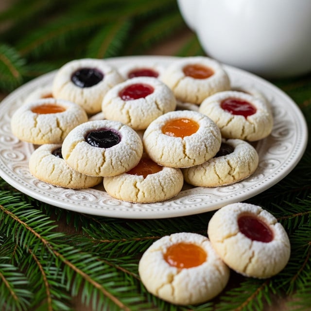 A white decorative plate is filled with round thumbprint cookies dusted lightly with powdered sugar. Each cookie has a slight dome shape and a small colorful jam filling in the center, with colors including deep purple, bright orange, and red. The cookies are soft and pale beige with a slightly cracked texture at the edges. A few cookies are placed near the plate on a wooden surface, surrounded by green pine needles, while a white teapot is softly blurred in the background. The setting feels cozy and natural with a soft focus on the cookies in the foreground. Photo taken with an iphone --ar 4:5 --v 7
