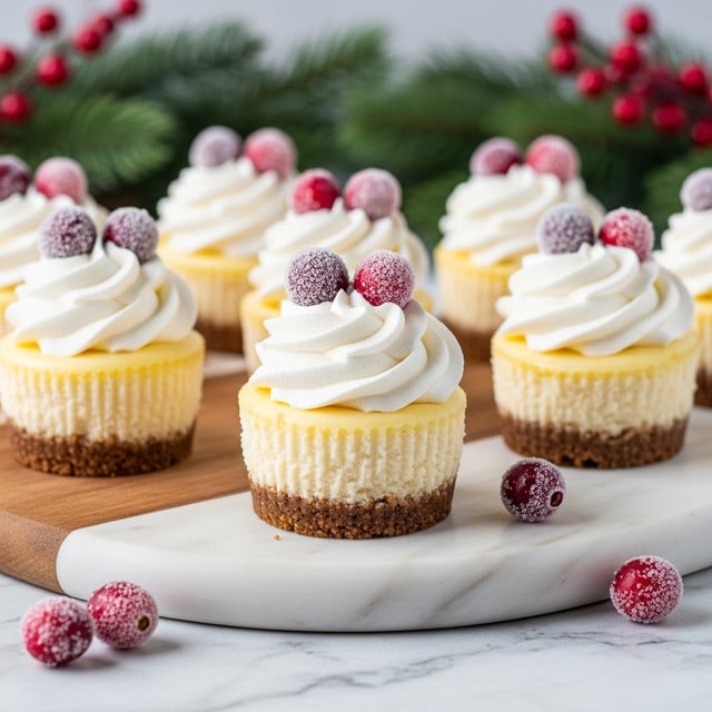 The image shows several mini cheesecakes placed on a wooden board over a white marbled texture. Each cheesecake has three layers: a thick, crumbly brown crust at the bottom, a smooth pale yellow cheesecake layer in the middle, and a tall swirl of white whipped cream on top. The whipped cream is decorated with three frosted cranberries, and some frosted cranberries are scattered around the cheesecakes on the board. The background features green pine branches and red berries, giving a festive feel. photo taken with an iphone --ar 4:5 --v 7