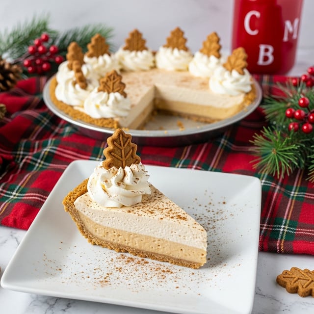 The image shows a slice of creamy beige pie on a white square plate with a dusting of cinnamon powder. The slice has two smooth layers: a thicker bottom crust layer and a lighter creamy top layer. On top of the slice, there are two swirled dollops of white whipped cream, each topped with a leaf-shaped brown cookie. In the background, the remaining pie sits in a silver pie tin, decorated around the edge with more dollops of whipped cream and similar cookies. The scene is set on a red and green plaid cloth with a white marbled surface underneath, decorated with festive pine branches and red berries, and a tall red jar with white letters nearby. Photo taken with an iphone --ar 4:5 --v 7