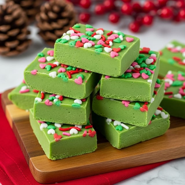 A stack of thick, rectangular green fudge pieces sits on a wooden board, each piece topped with colorful sprinkles in pink, red, white, and green, including small round and heart shapes. The fudge looks smooth and creamy with a solid green color forming one single thick layer. The board rests on a red cloth, and there are pine cones and red berries blurred in the background, all set on a white marbled surface. photo taken with an iphone --ar 4:5 --v 7