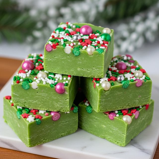 A stack of thick, square green fudge pieces sits on a wooden board over a white marbled surface. Each piece has one visible layer of smooth, dense green fudge topped with many colorful sprinkles including red, white, green, pink, and silver round and star-shaped sprinkles scattered unevenly across the surface. There are also some shiny, pearl-like balls in different sizes dotting the top layer. The background shows blurred green branches with white snow-like decoration. photo taken with an iphone --ar 4:5 --v 7