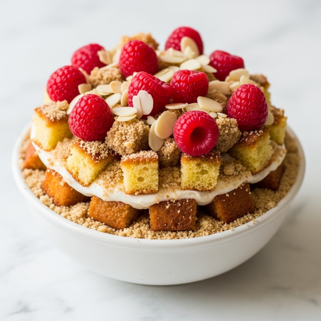 The image shows a close-up of a white bowl filled with a layered dessert on a white marbled surface. The dessert has a base layer of light brown crumbs topped with small golden-brown cake pieces. Scattered over the top are bright red raspberries and thinly sliced almonds, creating a mix of rough and smooth textures in the top layer. The colors contrast well, with the red raspberries standing out against the earthy crumbs and cake pieces. The photo has a soft focus and bright lighting, giving it a fresh and appetizing look. photo taken with an iphone --ar 4:5 --v 7