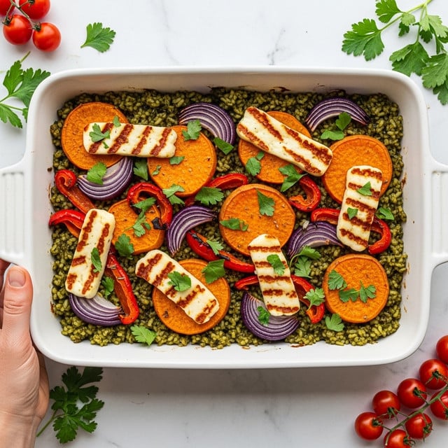 The image shows a white rectangular baking dish filled with a colorful layered meal. The bottom layer is green rice mixed with herbs, giving it a textured and leafy look. On top of the rice, there are large round slices of roasted orange sweet potato, some charred slightly on the edges. Scattered among the potatoes are grilled halloumi cheese strips, browned and with crispy edges. There are also pieces of roasted red bell pepper and purple onion, adding red and purple tones around the dish. Fresh green herbs are sprinkled on top, adding a fresh touch. The dish is placed on a white marbled surface with some scattered herbs and cherry tomatoes visible at the edges. A woman’s hand with a few fingers is seen holding the edge of the baking dish. Photo taken with an iphone --ar 4:5 --v 7