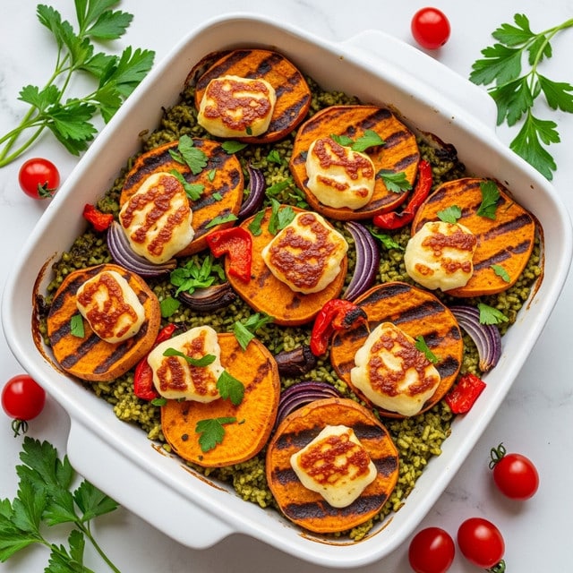 A white square baking dish holds a layered baked dish with a base of green herb rice scattered with bits of roasted red peppers and browned red onion pieces. On top of the rice, there are thick, round slices of roasted orange sweet potatoes with charred grill marks. Among these layers, there are chunks of golden brown grilled cheese, slightly crispy on the outside. The entire dish is sprinkled with fresh green parsley leaves, adding a fresh touch. The baking dish is set on a white marbled surface with some fresh parsley sprigs and small red cherry tomatoes around it for decoration. Photo taken with an iphone --ar 4:5 --v 7