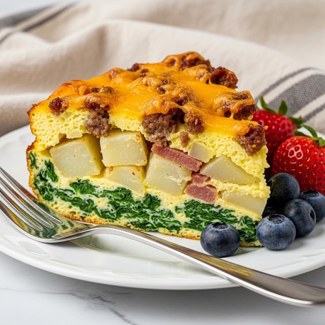 A slice of baked egg casserole rests on a white plate, showing three main layers: the bottom layer with green spinach mixed into a light yellow egg base, a middle layer of diced potatoes adding a soft, chunky texture, and the top layer covered in melted, golden-brown cheese mixed with hints of browned sausage bits, giving a slightly crispy surface. There are fresh blueberries and a red strawberry placed beside the casserole slice, and a shiny fork lies next to it on the plate. The setting includes a soft beige cloth with thin dark stripes over a white marbled surface. Photo taken with an iphone --ar 4:5 --v 7