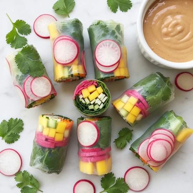 The image shows six fresh spring rolls on a white marbled surface with scattered green cilantro leaves and thin pink and white radish slices. Each spring roll has three visible layers: the outer translucent rice paper allowing a colorful view inside, a middle layer with bright pink radish rounds or slices, and an inner layer of yellow mango or similar fruit, along with some pale green and white fillings. In the top right corner, there is a white bowl filled with a creamy light brown dipping sauce. The spring rolls have a smooth and shiny texture from the rice paper, with vibrant colors showing through clearly. Photo taken with an iphone --ar 4:5 --v 7