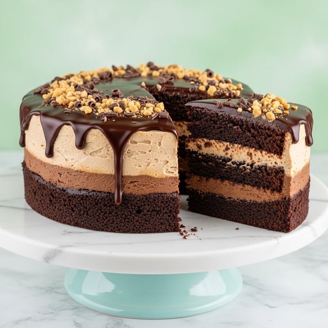 A round chocolate cake with three visible layers sits on a white cake stand with a light blue base against a white marbled texture. The bottom layer is thick, dark chocolate cake with a soft, crumbly texture. Above it is a medium-thick layer of light brown, creamy peanut butter frosting. The top layer is a glossy, shiny dark chocolate ganache, sprinkled generously with chopped nuts and chocolate shavings. One slice is cut out, showing the clean separation of layers and the moist texture of the cake. The background is soft green, giving a fresh look. Photo taken with an iphone --ar 4:5 --v 7
