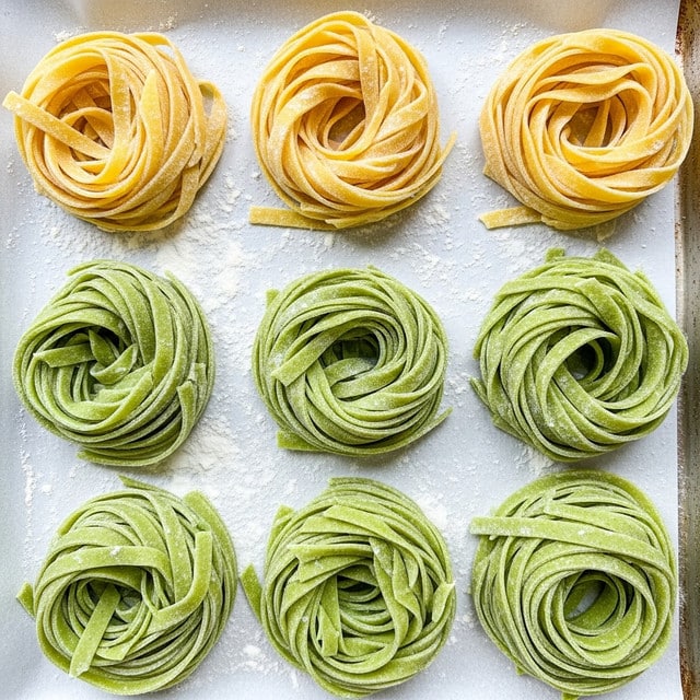 Six nests of fresh pasta are arranged in two rows on a baking tray, dusted lightly with white flour. The top row has three nests made of yellow pasta, each with multiple wide, flat layers twisted into a rose-like shape, showing soft, powdery texture. The bottom row features three bright green pasta nests similar in shape and size, with layered, ribbon-like strands curled neatly. The background is a white marbled texture with some flour scattered around. photo taken with an iphone --ar 4:5 --v 7