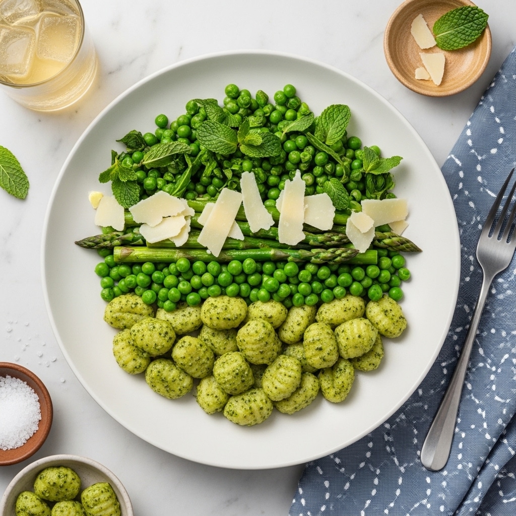 The dish shows a white plate filled with three layers of food: the bottom layer is soft gnocchi coated with a green pesto sauce that gives a textured, speckled look; the middle layer has bright green peas and asparagus that add freshness and crunch; the top layer includes fresh green mint leaves and thin, white shavings of cheese scattered evenly, giving a contrast in color and texture. The plate is placed on a white marbled surface, with a glass of light-colored drink nearby, a fork on a blue patterned napkin to the right, and small bowls with salt and extra gnocchi partially visible. photo taken with an iphone --ar 4:5 --v 7