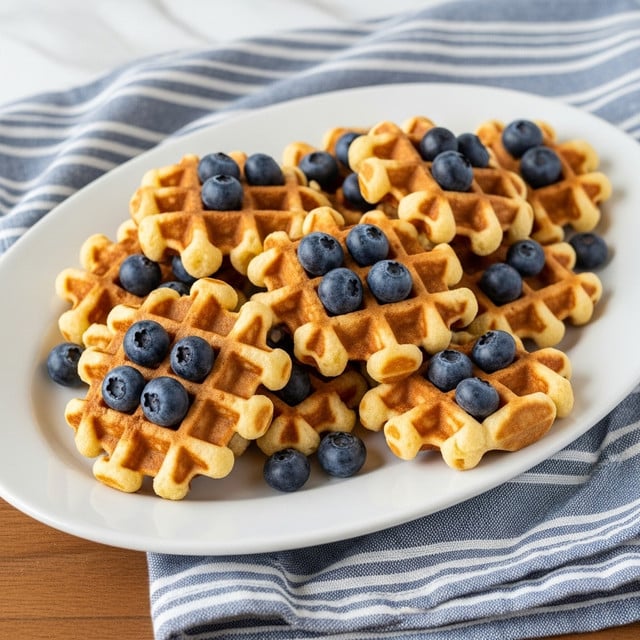 A white oval plate holds a pile of small golden brown waffles, each with a grid pattern and crispy edges. The waffles are stacked unevenly, with some overlapping others. Fresh dark blue blueberries are scattered on top of the waffles and nestled in the waffle grids, adding a pop of deep color. The plate sits on a wooden table, next to a blue and white striped cloth that is casually folded. The scene is set against a white marbled surface. photo taken with an iphone --ar 4:5 --v 7