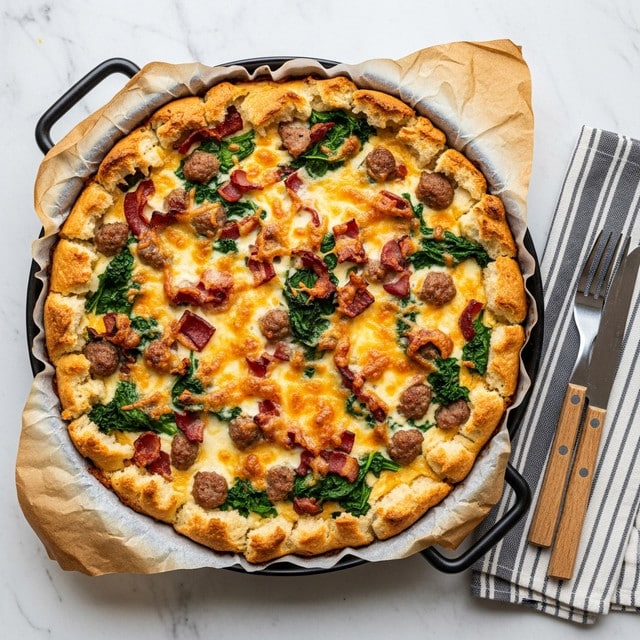 The dish is a baked savory pie with one visible large layer. It has a golden-brown crust that lines the edges, more like torn bread pieces forming the base and scattered on top. The filling is creamy white, covered with melted cheese that has a slightly browned texture. Mixed throughout are chunks of crispy bacon in dark reddish brown, bits of light beige sausage, and bright green leafy vegetables that look like cooked spinach or kale. The pie is presented on parchment paper in a round black pan with handles, placed on a white marbled textured surface. On the right side, there is a folded striped cloth with wooden-handled forks resting on it. photo taken with an iphone --ar 4:5 --v 7