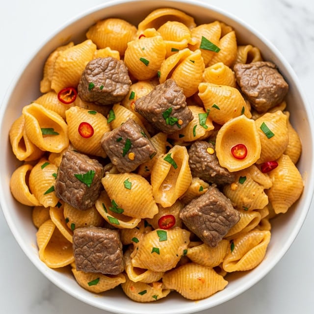 A close-up view of a white bowl filled with small shell-shaped pasta coated in a creamy light orange sauce, mixed with chunks of tender brown beef. The dish is sprinkled with finely chopped green herbs and small bits of red chili flakes, adding color contrast. The sauce has a smooth texture that clings to the ridges of the pasta, and the beef pieces are slightly shiny, showing they are well-cooked. The bowl is set on a white marbled surface. Photo taken with an iphone --ar 4:5 --v 7