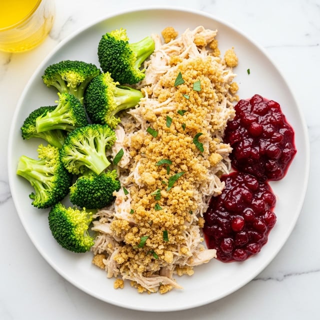 A white plate holds a dish with three main parts: on the left side, bright green broccoli florets with a fresh texture; the middle is filled with shredded white chicken covered with a crumbly, golden-brown breadcrumb topping, sprinkled lightly with small green herb pieces; on the right side, two dollops of deep red cranberry sauce with a glossy, smooth texture. The plate sits on a white marbled surface, and in the top left corner, part of a glass of yellow liquid is visible. photo taken with an iphone --ar 4:5 --v 7