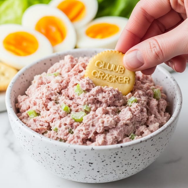 A close-up image showing a white speckled bowl filled with a pink, creamy, chunky meat spread mixed with small bits of green celery. A woman's hand is holding a pale yellow cracker, dipping it into the meat spread. Behind the bowl, there are slices of hard-boiled eggs with yellow yolks and a hint of green lettuce blurred in the background, all placed on a white marbled surface. photo taken with an iphone --ar 4:5 --v 7
