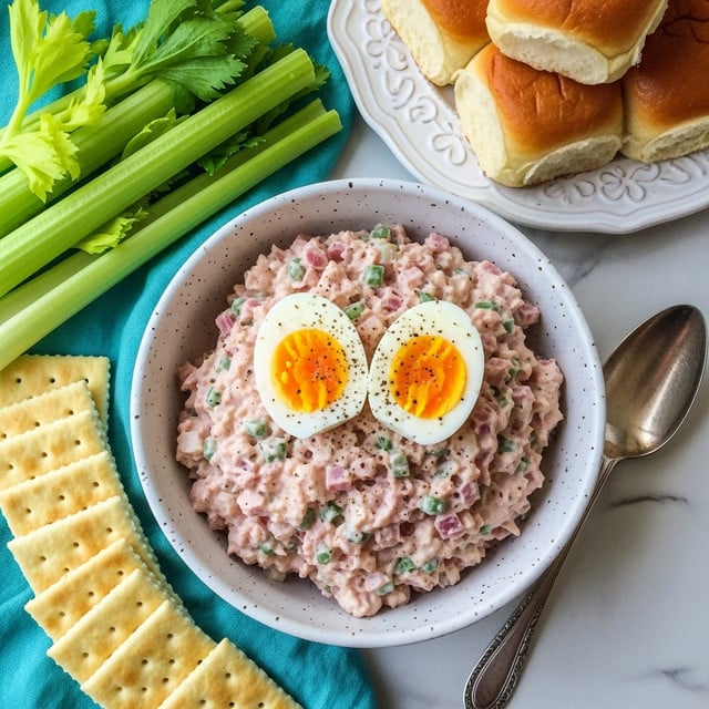 A white speckled bowl filled with a creamy pink ham salad that has small green pieces mixed evenly throughout, giving it a chunky texture; on top of the salad are two halved hard-boiled eggs showing bright yellow yolks, each sprinkled lightly with black pepper. The bowl sits on a white marbled surface next to a vintage silver spoon. To the left, there is a bunch of fresh green celery stalks resting on a turquoise cloth, with a stack of pale yellow square saltine crackers arranged neatly nearby. In the upper right corner, a white decorative plate holds several soft, golden brown dinner rolls. photo taken with an iphone --ar 4:5 --v 7