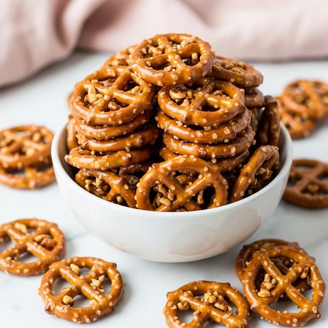 A white bowl filled with many pretzels coated in a sticky caramel and nut mix, stacked high with a shiny, slightly uneven texture that suggests a sweet glaze. The pretzels are golden brown with bits of chopped nuts embedded in the sticky caramel coating. Around the bowl, a few pretzels lie scattered on a white marbled surface, some grouped closely, showcasing the crunchy and glossy texture of the caramel nut layers. In the background, a soft blurred pink cloth adds a warm touch to the scene, creating a cozy feel. Photo taken with an iphone --ar 4:5 --v 7