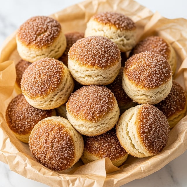 A close-up view of many small, golden brown bite-sized dough balls covered with a coarse cinnamon sugar coating, piled on top of each other inside crumpled light brown parchment paper, with a soft, slightly crunchy texture visible from the sugar crystals on the surface, all set against a white marbled background. photo taken with an iphone --ar 4:5 --v 7