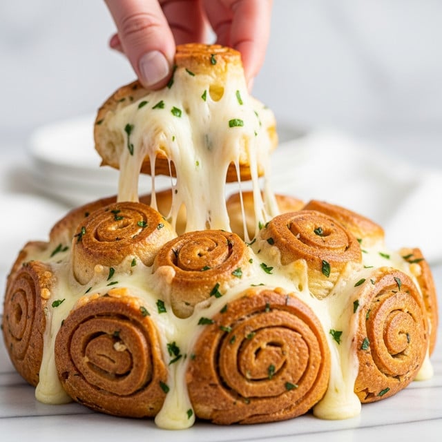 A close-up image shows a golden-brown pull-apart garlic and cheese bread with a woman's hand pulling a piece from the top center. The bread has many soft, round, puffy layers that are light brown with flecks of green herbs. Between each layer, gooey melted white cheese stretches as the piece is lifted. The bread sits on a white marbled surface with a soft focus in the background. photo taken with an iphone --ar 4:5 --v 7