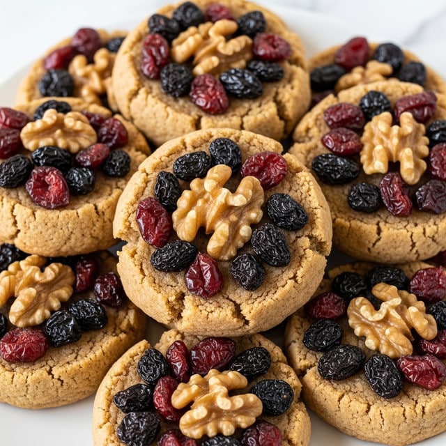 The image shows close-up of round cookies with a golden-brown color and slightly crumbly texture. Each cookie has a thick base layer topped with a mix of glossy dark raisins, shiny red dried cranberries, and small golden walnut pieces arranged unevenly, creating a rich, textured look. The cookies are stacked closely together on a white plate over a white marbled surface. Photo taken with an iphone --ar 4:5 --v 7