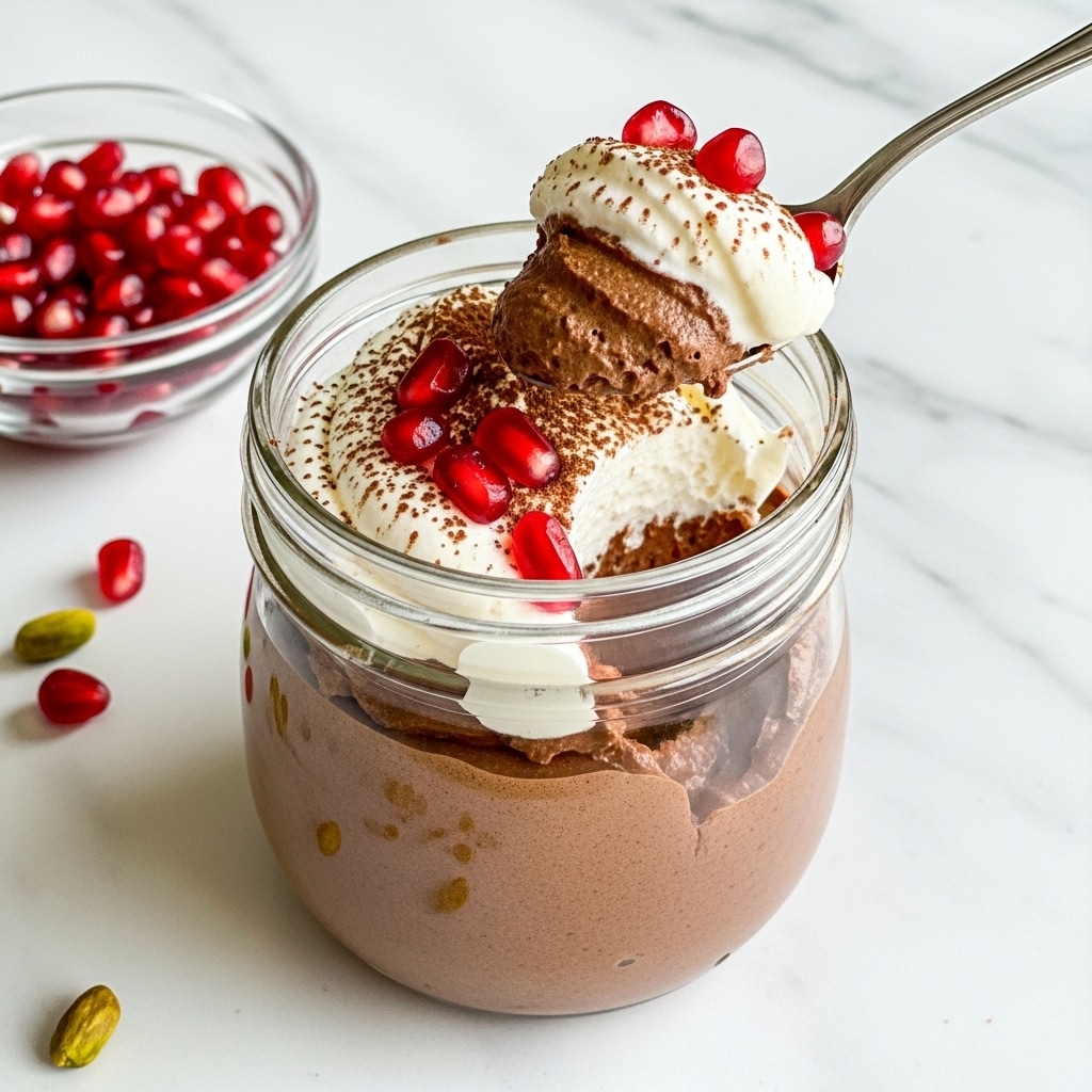 A clear glass jar holds a dessert with two visible layers; the bottom layer is smooth, thick, and dark brown chocolate mousse, while the top layer is white whipped cream dusted lightly with cocoa powder. On the whipped cream are several shiny, bright red pomegranate seeds adding color and texture. A silver spoon scoops the dessert, lifting some mousse topped with whipped cream and pomegranate seeds. The jar sits on a white marbled surface, near a small clear bowl full of more pomegranate seeds and a few pistachio nuts scattered nearby. Photo taken with an iphone --ar 4:5 --v 7