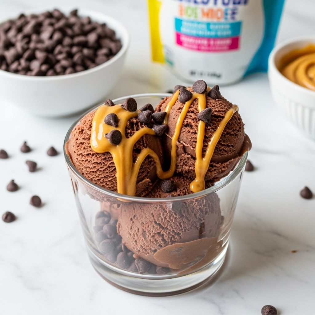 A clear glass cup is filled with three smooth, round scoops of rich chocolate ice cream. Bright golden peanut butter is lightly drizzled over the top, adding a creamy texture that contrasts with the dark chocolate chips scattered on and around the ice cream. In the background, a white marbled surface holds a white bowl heaped with more shiny chocolate chips, along with a partially visible package displaying colorful text and a hint of a white bowl with a swirl of peanut butter. The overall scene is bright and clean, with a fresh dessert focus. photo taken with an iphone --ar 4:5 --v 7