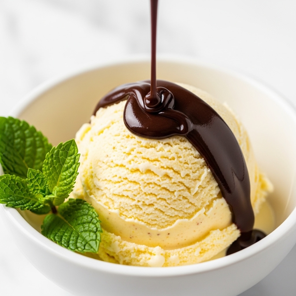 A close-up of a single scoop of creamy yellow vanilla ice cream with small flecks, sitting in a white bowl. Thick, smooth dark chocolate sauce is being poured over the top center of the scoop, creating a glossy layer that drapes down one side. Bright green fresh mint leaves are placed near the base of the scoop, adding a vibrant contrast. The background is a white marbled texture. Photo taken with an iphone --ar 4:5 --v 7