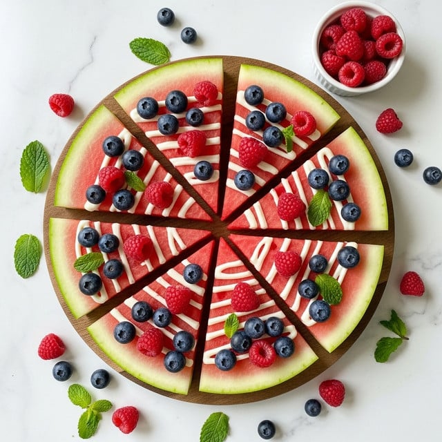 A round watermelon is cut into eight triangular slices arranged in a circle on a wooden board. Each slice has three visible layers: a thin outer green rind, a thick bright red flesh in the middle, and white cream drizzled in stripes on top of the red layer. Scattered on each slice are fresh blueberries and red raspberries, along with small pieces of green mint leaves. Around the watermelon slices, some berries and mint leaves are scattered on the board. A small white bowl with extra raspberries is placed near the top right corner on a white marbled surface. photo taken with an iphone --ar 4:5 --v 7