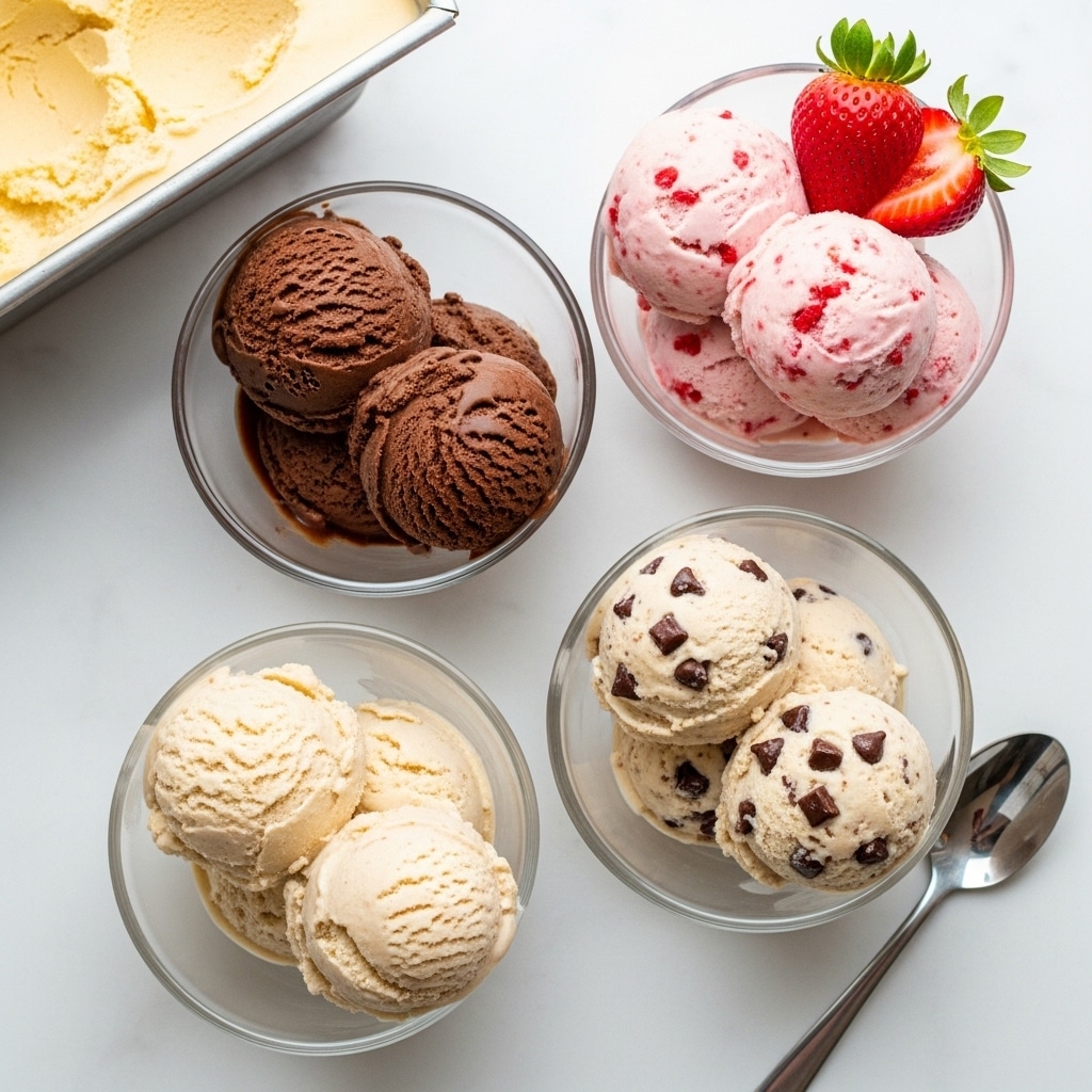 The image shows four clear glass bowls, each filled with two or three scoops of ice cream in different flavors. The top right bowl has soft pink ice cream with small red pieces, topped with a halved fresh red strawberry with green leaves. The top left bowl contains rich dark brown chocolate ice cream with a smooth texture. The bottom left bowl holds creamy light beige ice cream with a slightly rough texture. The bottom right bowl features light beige ice cream mixed with small dark chocolate chips and chunks, giving it a textured look. The bowls sit on a white marbled surface, with a metal container of pale yellow ice cream to the top left and a silver spoon at the bottom right. Photo taken with an iphone --ar 4:5 --v 7