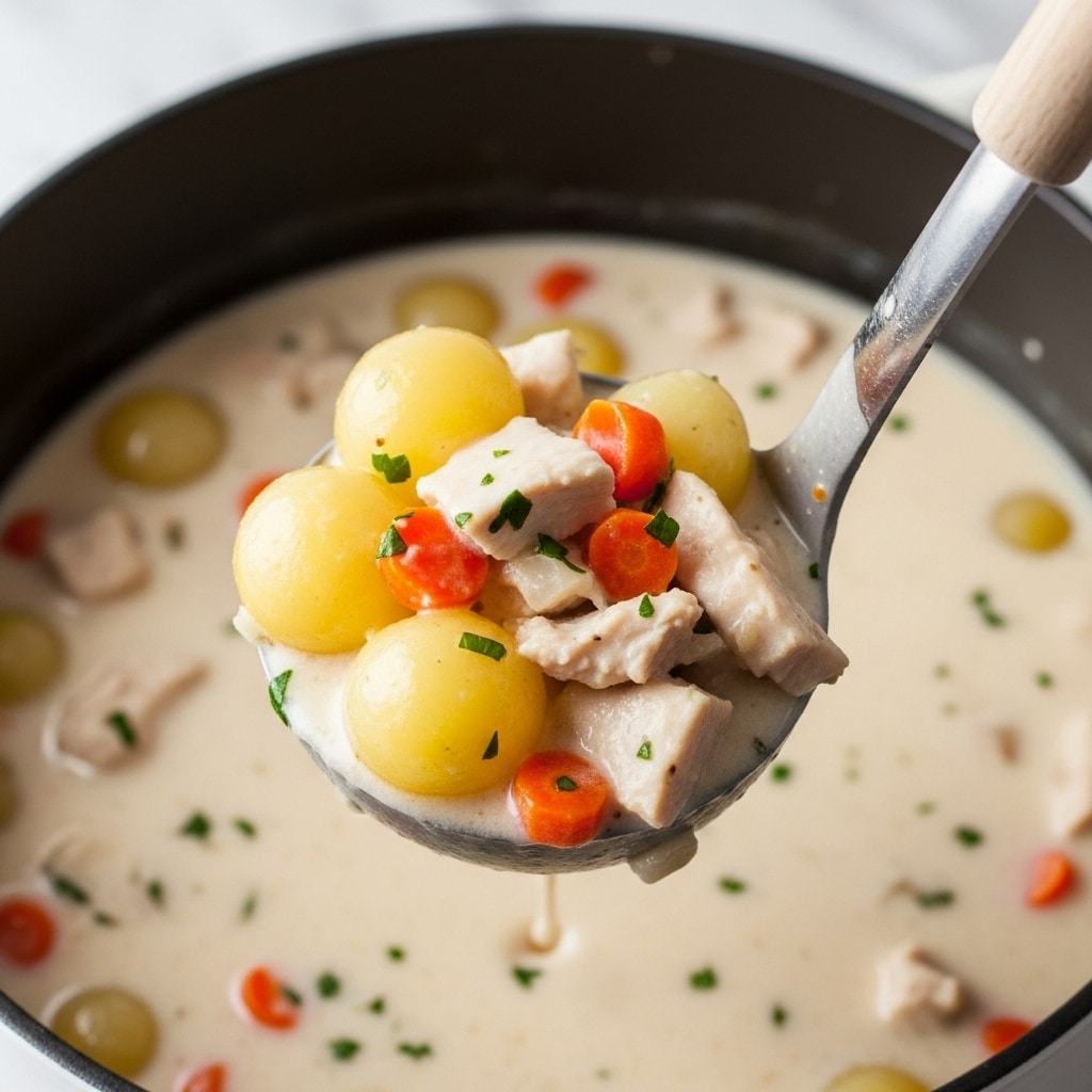 A close-up view of a ladle filled with creamy chowder, lifted above a pot. The chowder has a thick white sauce base with visible layers of small round yellow potatoes, pale chunks of chicken, and bits of orange carrots mixed throughout. The ladle’s handle is light beige with a rough texture. The background shows the creamy chowder inside the dark pot, all resting on a white marbled surface. photo taken with an iphone --ar 4:5 --v 7