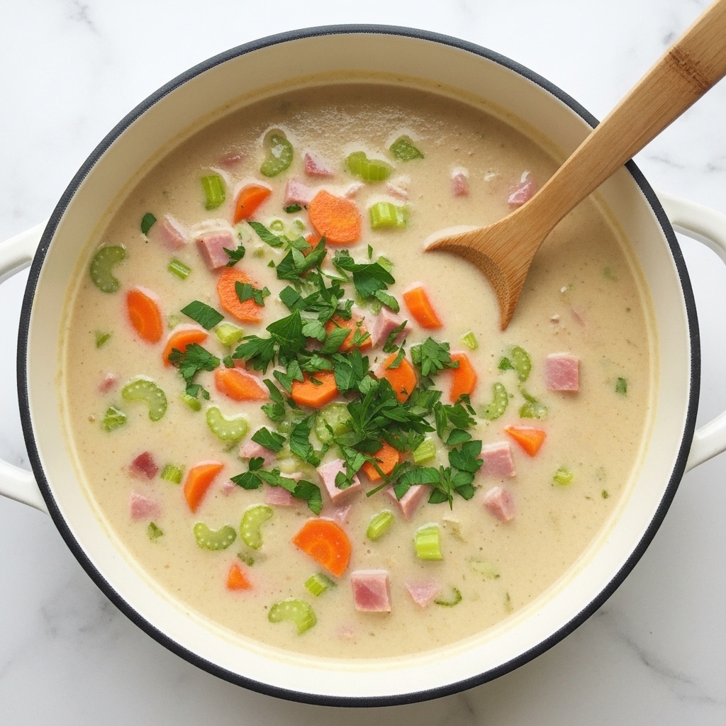 A white pot with a thin dark rim holds a thick creamy soup with light beige color as the base layer. Floating within the soup are small cubes of bright orange carrot and tiny bits of light green celery, scattered evenly throughout. Small pieces of pinkish ham are visible, blending softly into the soup. Bright green chopped parsley is sprinkled on top, adding a fresh contrast. A wooden spoon with a natural light wood tone is resting upright inside the pot. The whole scene is set against a white marbled texture. photo taken with an iphone --ar 4:5 --v 7