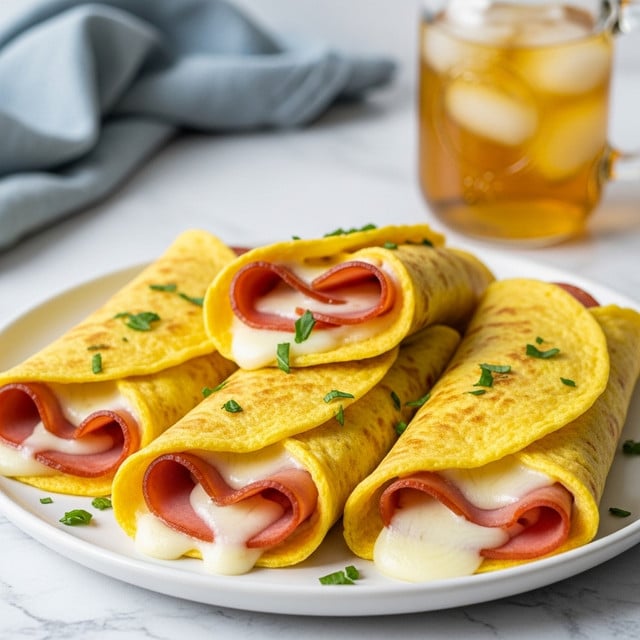 The image shows three folded yellow egg wraps on a white plate, each filled with melted white cheese and slices of pinkish ham with edges slightly toasted and curled. The wraps have a soft, slightly browned texture on the outside and are garnished with small green herb pieces scattered on top and around them. In the background, there is a glass jar filled with a golden iced drink placed on a white marbled surface, and a blurred blue cloth is visible in the upper left corner. photo taken with an iphone --ar 4:5 --v 7