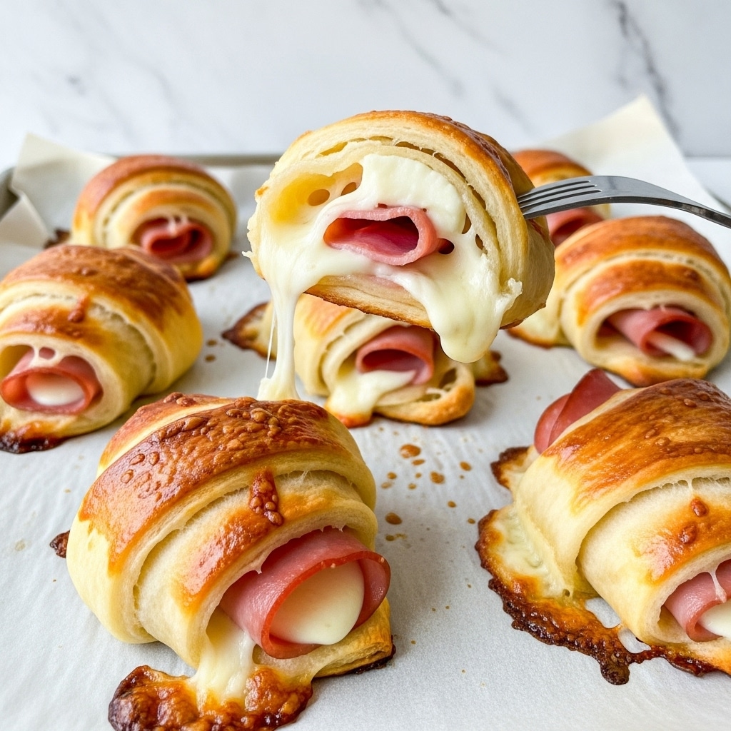 The image shows golden crescent rolls wrapped around pieces of ham and melted white cheese, placed on a baking tray with parchment paper. Each crescent roll has a shiny, slightly crispy outer layer with soft, melted cheese oozing from the edges, and pinkish ham visible inside. One crescent roll is lifted by a fork, showing the layers clearly: a golden brown pastry layer wrapped tightly around a white melted cheese layer and a pink ham layer at the center. The tray holds several similar crescent rolls, some with cheese slightly browned and caramelized around the edges. The background is a white marbled texture. Photo taken with an iphone --ar 4:5 --v 7