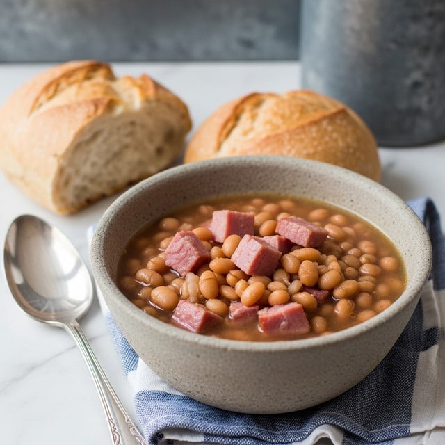 A rustic bowl filled with a stew made of small, soft light brown beans and chunky pieces of pink ham, sitting together in a light brown broth that almost fills the bowl. The bowl has a rough, earthy texture and sits on a white marbled surface covered partly by a blue and white cloth. To the left of the bowl, there is a shiny silver spoon and a fresh loaf of bread placed slightly out of focus. In the background, a gray metal object adds a subtle industrial touch. Photo taken with an iphone --ar 4:5 --v 7