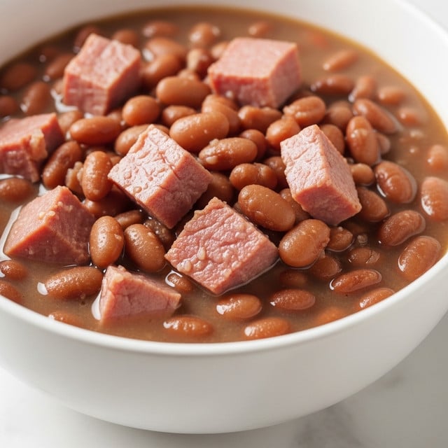 A close-up view of a bowl filled with soft brown beans mixed with bite-sized chunks of pink cooked ham, all sitting in a light brown thick broth. The bowl is white ceramic with a smooth texture, resting on a white marbled surface. The beans are shiny and plump, while the ham pieces have a slightly fibrous texture, showing clear edges and some fat marbling. The dish looks warm and hearty, with the broth covering the beans and ham without spilling over. Photo taken with an iphone --ar 4:5 --v 7