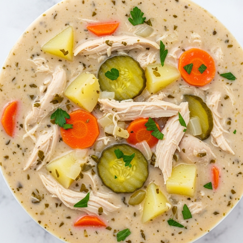 A close-up view of creamy chicken and vegetable soup showing soft, pale beige broth with small green herb specks scattered throughout; visible layers include orange carrot slices, pale yellow potato chunks, shredded white chicken meat, and thin greenish pickle slices all mixed smoothly in the soup; the soup has a thick and rich texture with bits of chopped parsley sprinkled on top giving a fresh green contrast; the image background is a white marbled texture. photo taken with an iphone --ar 4:5 --v 7