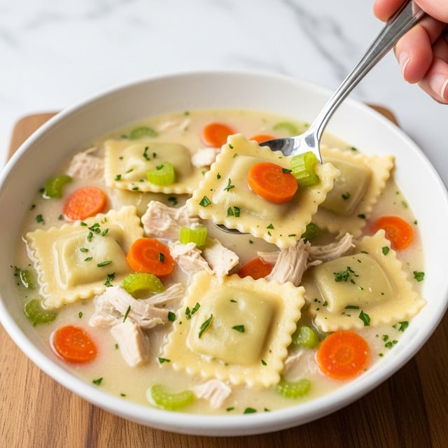A white bowl filled with a creamy soup containing several square, light beige ravioli pieces scattered on top and mixed inside. The soup has visible chunks of shredded white chicken and slices of orange carrot and green celery spread evenly throughout. The surface of the soup is sprinkled with small green herbs. A silver spoon held by a woman's hand is lifting one ravioli piece out of the soup. The bowl sits on a wooden surface with a white marbled texture background. photo taken with an iphone --ar 4:5 --v 7