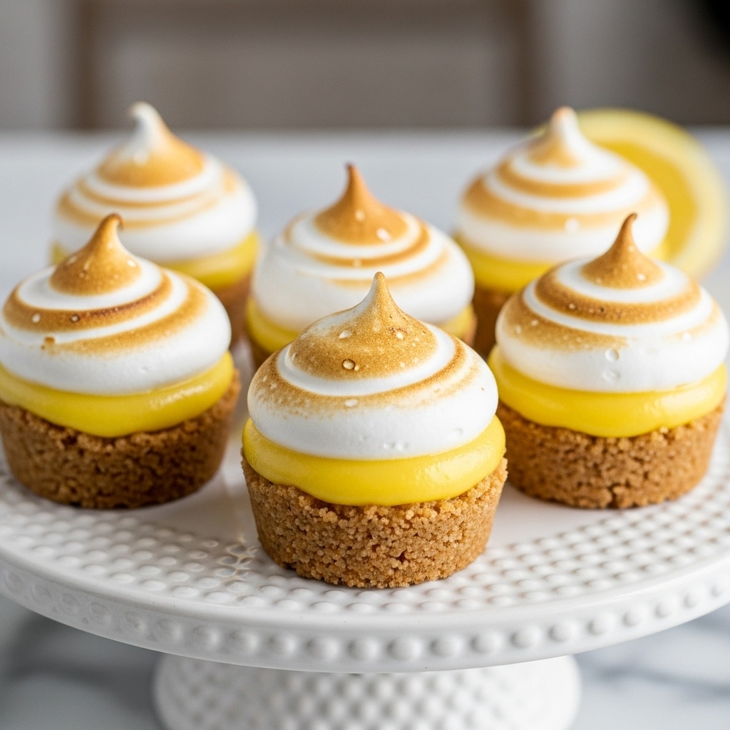 The image shows five small lemon meringue tarts on a white cake stand with a textured surface. Each tart has three layers: a golden-brown crumbly crust at the bottom, a bright yellow smooth lemon filling in the middle, and a fluffy white meringue topping with some light brown toasted spots on top. The tarts are arranged close together, with three tarts in the front and two slightly blurred in the background. The setting includes a white marbled surface beneath the stand and a blurred, neutral-toned background. photo taken with an iphone --ar 4:5 --v 7