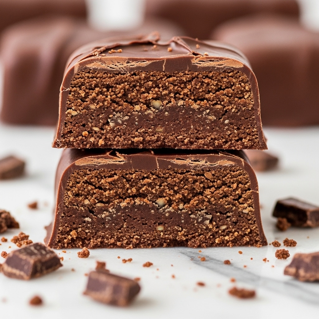 The image shows a close-up of a chocolate bar cut in half, stacked one piece on top of the other. Each piece has two main layers: a thick, smooth, dark brown chocolate coating on the outside with visible cracks and texture, and a dense, coarse, lighter brown inside layer that looks like a chocolate cake or a dense brownie. Small broken chocolate pieces and crumbs surround the base on a white marbled surface. The focus is sharp on the top two cut surfaces while the rest is slightly out of focus, giving a tactile and rich look. photo taken with an iphone --ar 4:5 --v 7