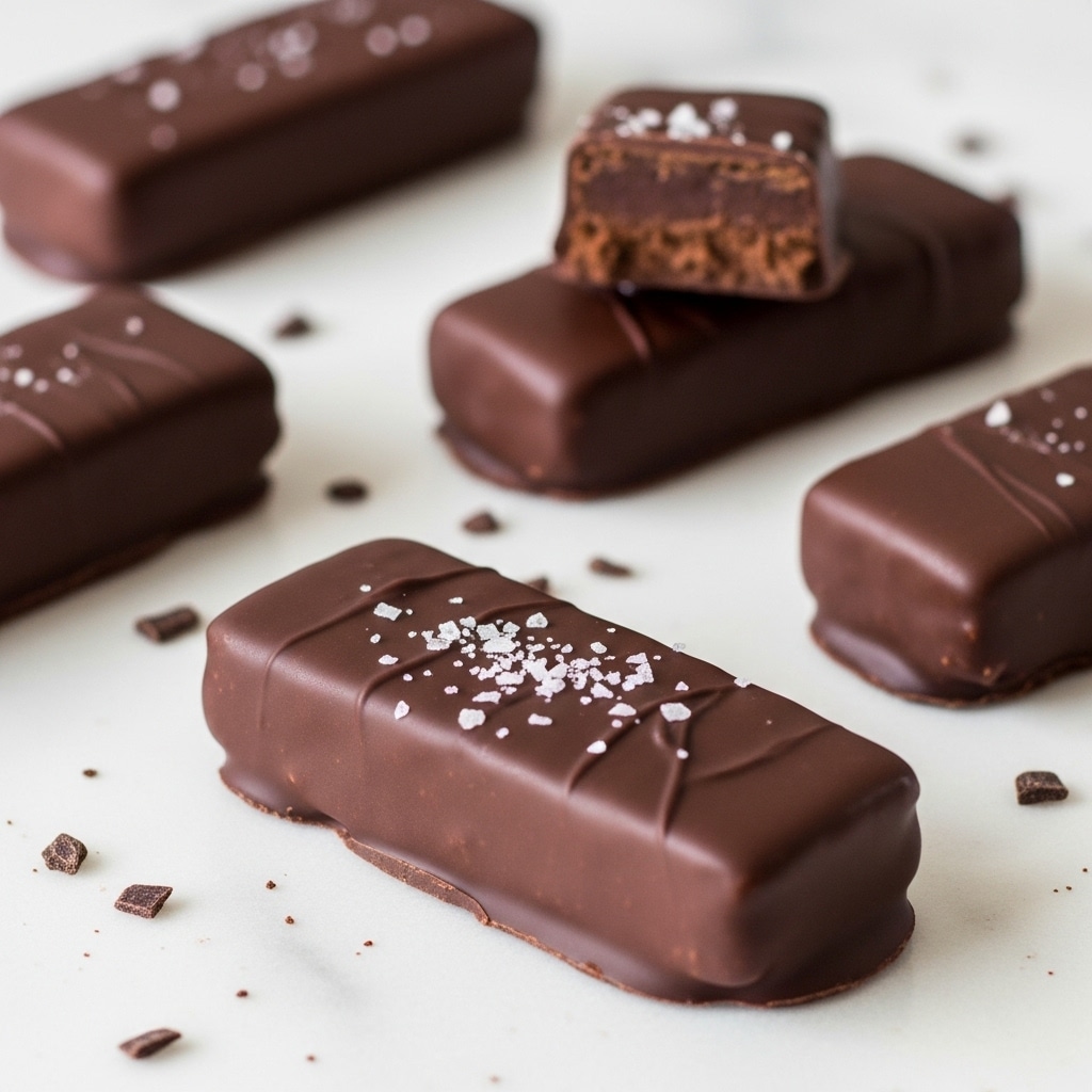 The image shows several rectangular chocolate bars on a white marbled surface. Each bar is coated in smooth dark chocolate with a slightly uneven texture, and the bar in the front has small flakes of sea salt sprinkled on top. One bar in the background is broken, revealing a rich, dense chocolate filling inside that has a slightly crumbly texture. The chocolate bars are arranged casually with small chocolate flakes scattered around them, creating a simple yet inviting scene. photo taken with an iphone --ar 4:5 --v 7